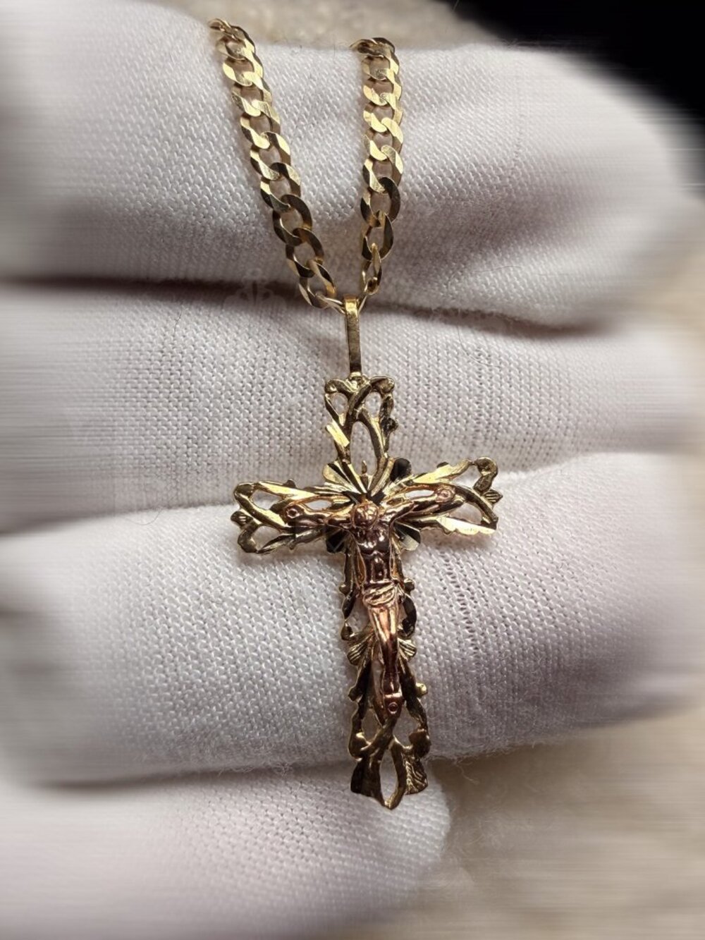 14K Two Tone Gold Fancy Crucufix Pendant With 2.7mm Cuban Chain - 22 inch